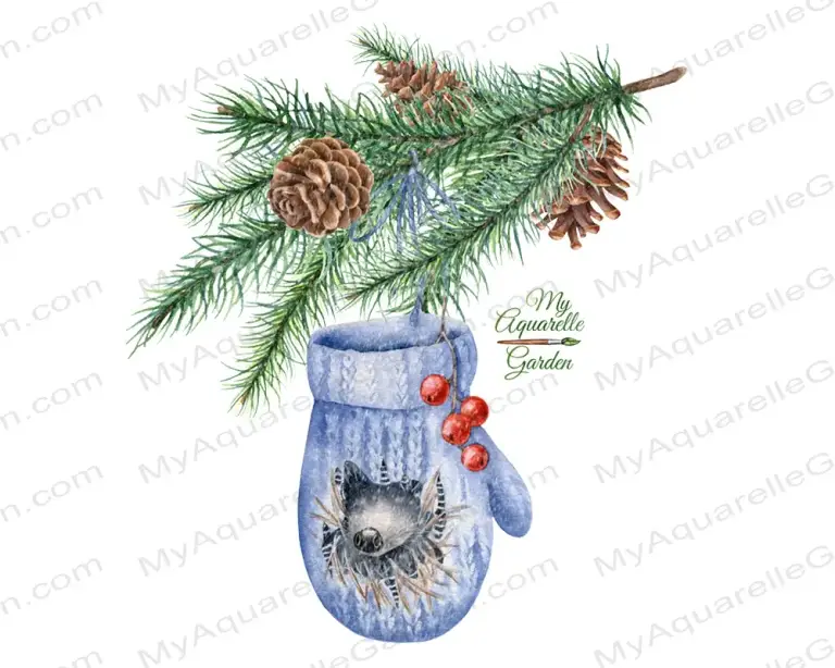 A cute sleeping hedgehog in a knitted wool mitten. Spruce twig with cones. Christmas, Winter, New Year decoration. Watercolor hand-painted clipart.