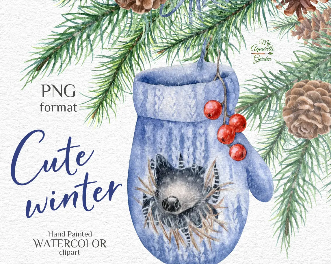 A cute sleeping hedgehog in a knitted wool mitten. Spruce twig with cones. Christmas, Winter, New Year decoration. Watercolor hand-painted clipart by MyAquarelleGarden.com