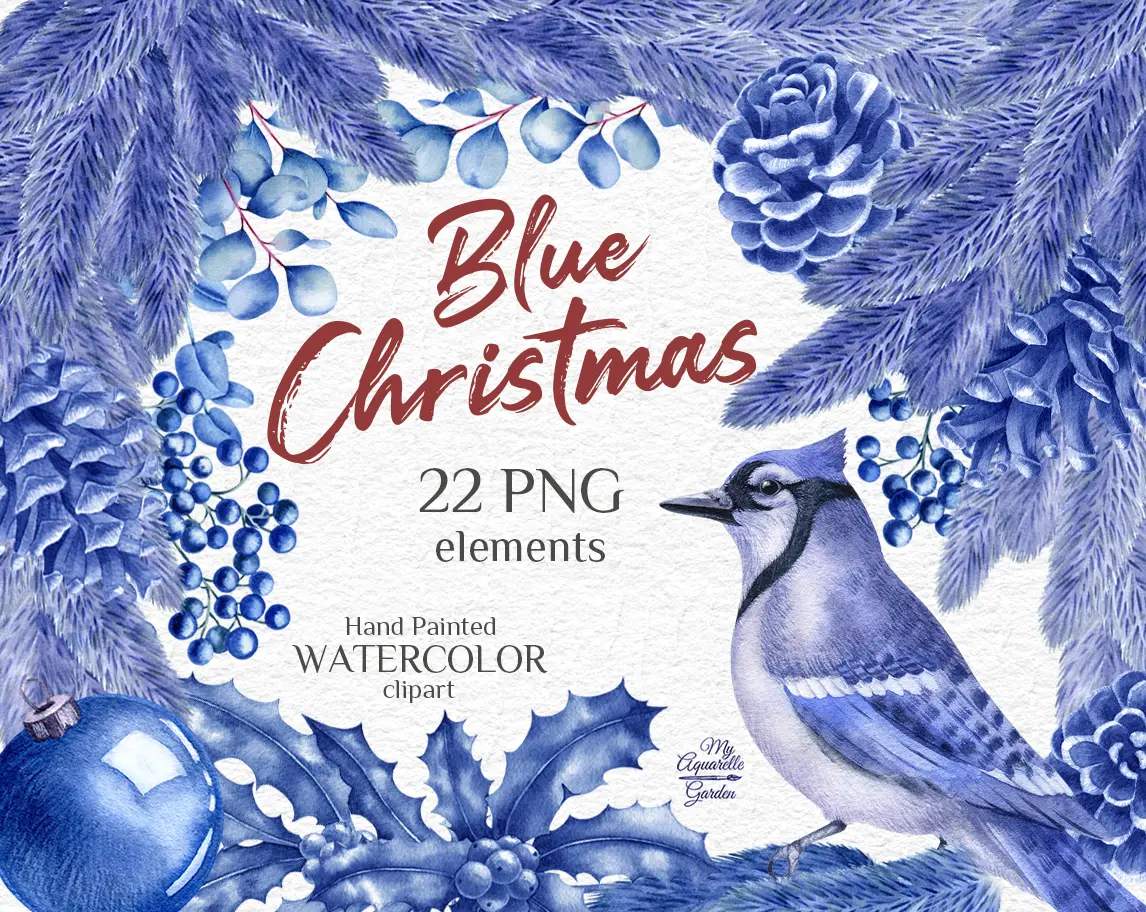 Blue Christmas decoration set. Blue jay, pine cones, fir tree toys, spruce boughs. Watercolor hand-painted clipart by MyAquarelleGarden.com
