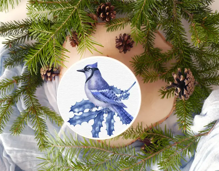 Blue Christmas decoration set. Blue jay, pine cones, fir tree toys, spruce boughs. Watercolor hand-painted clipart.