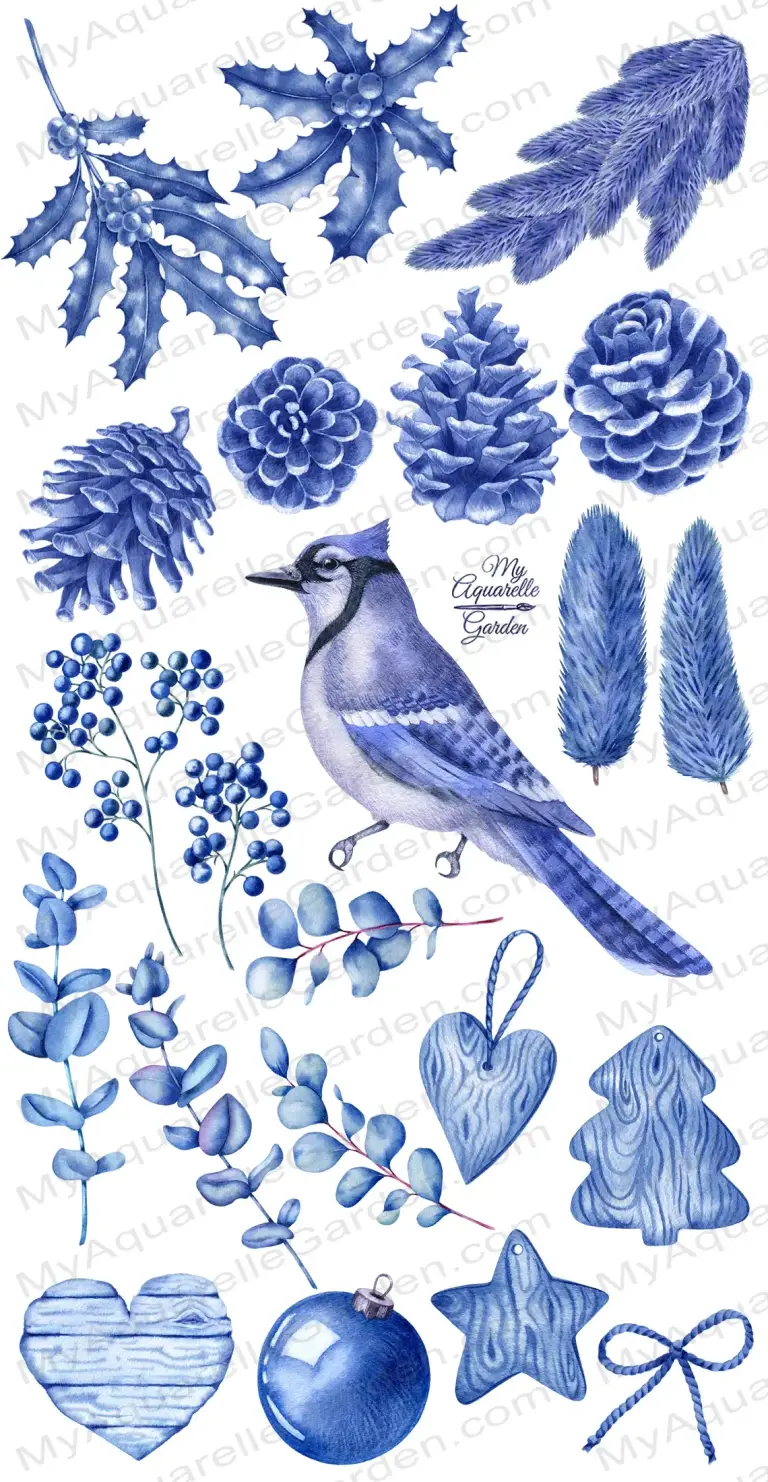 Blue Christmas decoration set. Blue jay, pine cones, fir tree toys, spruce boughs. Watercolor hand-painted clipart.