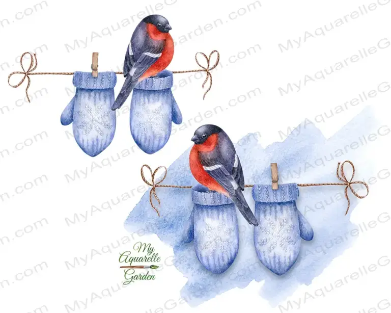 Knitted woolen mittens drying on a string. Bullfinch sitting on a string. Christmas, Winter, New Year decoration. Watercolor hand-painted clipart.