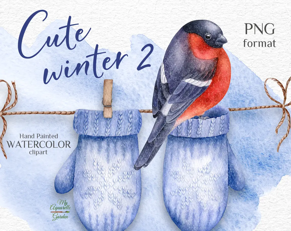 Knitted woolen mittens drying on a string. Bullfinch sitting on a string. Christmas, Winter, New Year decoration. Watercolor hand-painted clipart by MyAquarelleGarden.com