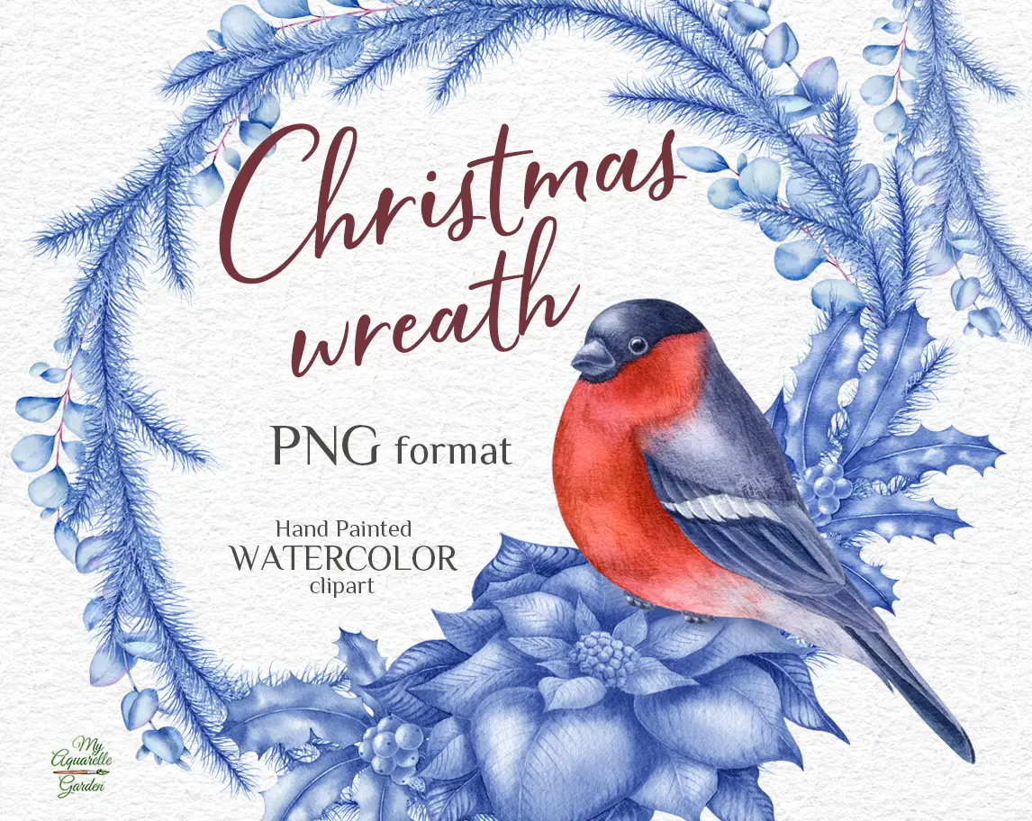 Bullfinch and blue Christmas wreaths. Winter and New Year decoration. Watercolor hand-painted clipart by MyAquarelleGarden.com