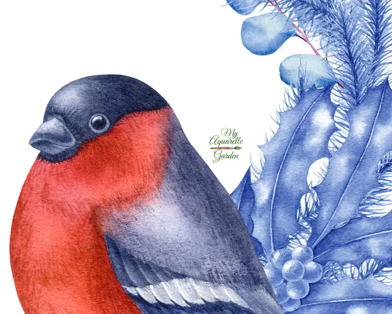 Bullfinch and blue Christmas wreaths. Winter and New Year decoration. Watercolor hand-painted clipart.