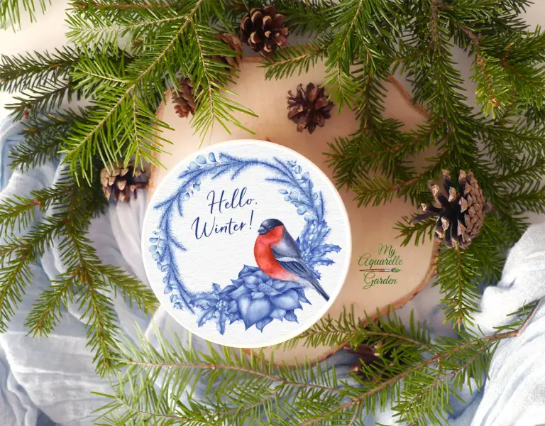 Bullfinch and blue Christmas wreaths. Winter and New Year decoration. Watercolor hand-painted clipart.