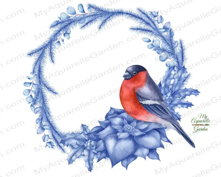 Bullfinch and blue Christmas wreaths. Winter and New Year decoration. Watercolor hand-painted clipart.