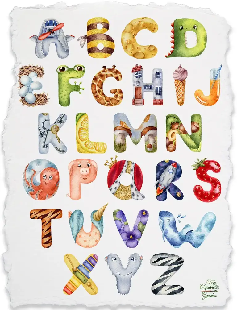 ABCs kids funny alphabet. Watercolor hand-painted clipart.