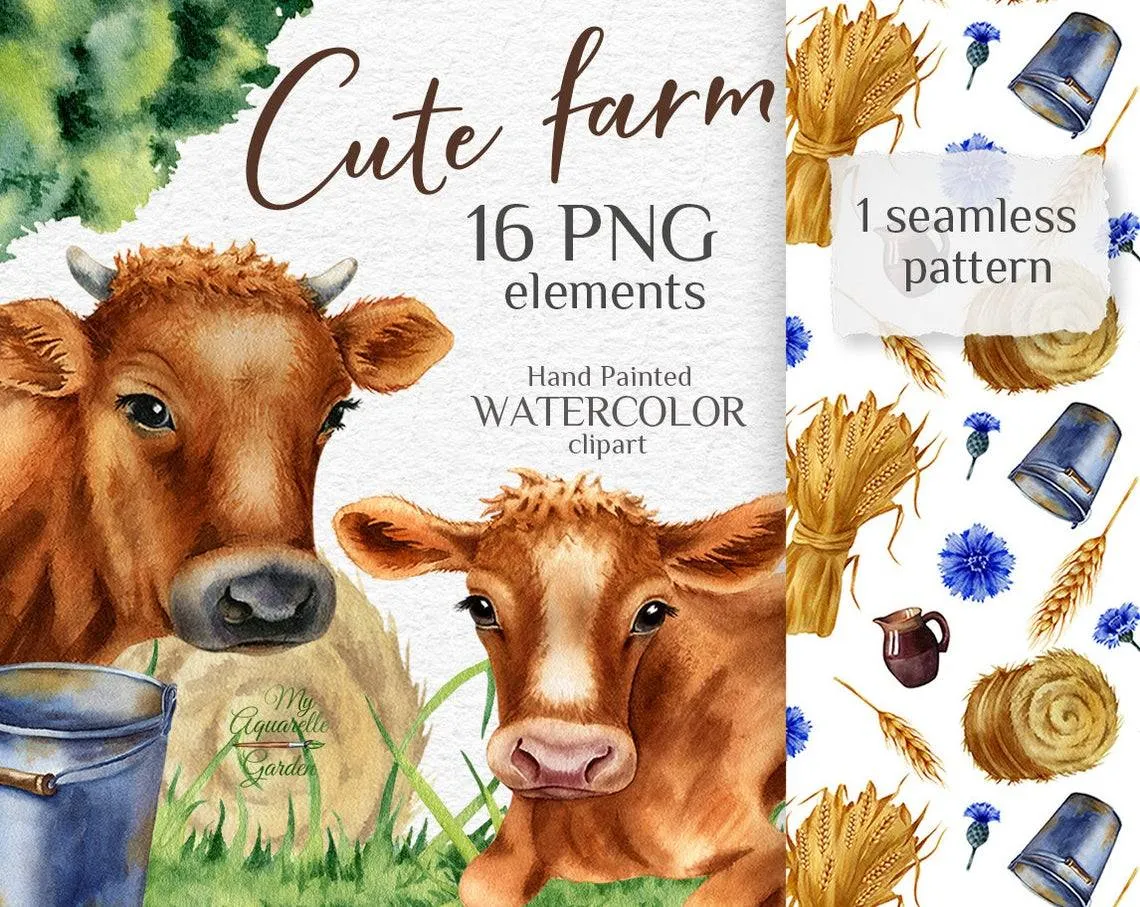 Milk farm. Watercolor hand-drawn clipart. Cow, calf, bucket, clay pitcher, cornflower, grass, sheaf, straw roll.