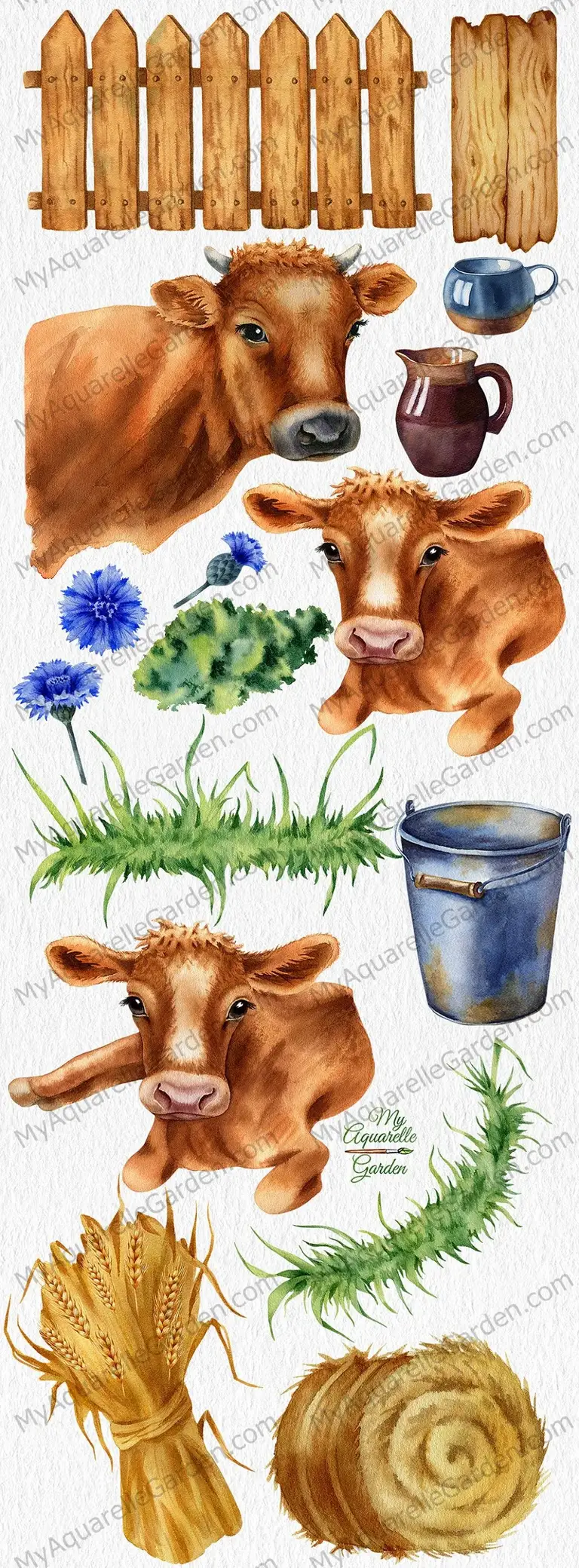 Milk farm. Watercolor hand-drawn clipart. Cow, calf, bucket, clay pitcher, cornflower, grass, sheaf, straw roll.
