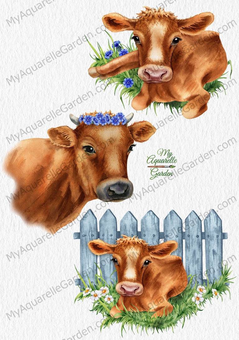 pasture-cow-calf-watercolor-hand-painted-clipart-1