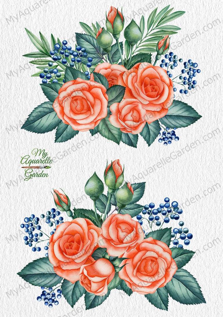 Peach roses. Wedding bouquet, wooden heart. Watercolor clipart