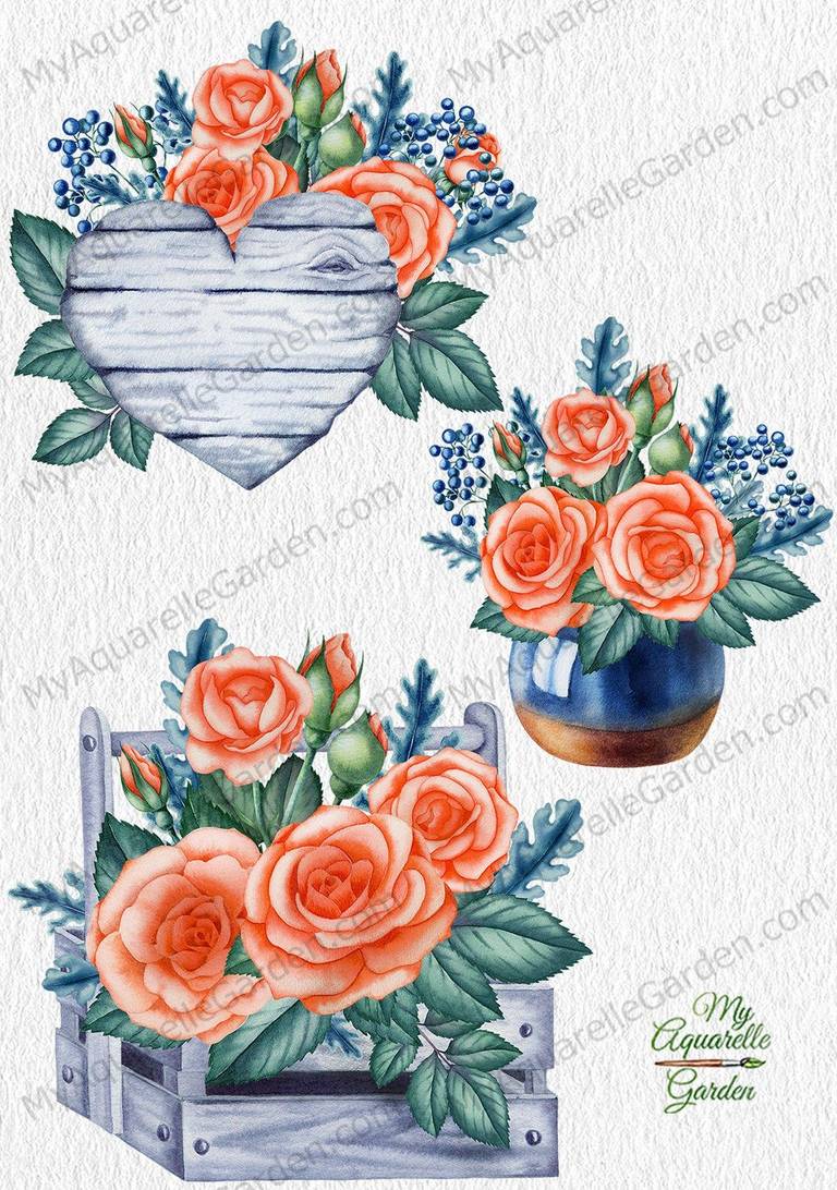 Peach roses. Wedding bouquet, wooden heart. Watercolor clipart