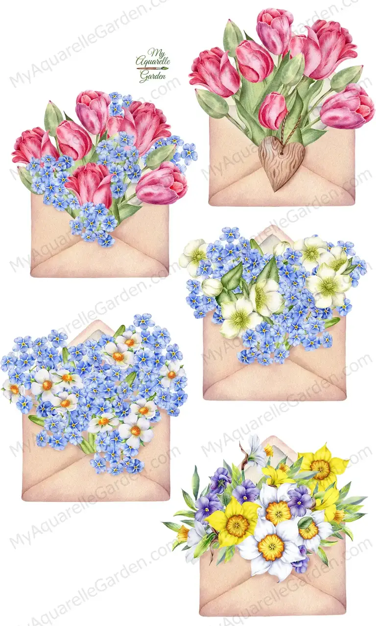 Spring flowers. Envelopes. Valentines. Watercolor clipart.