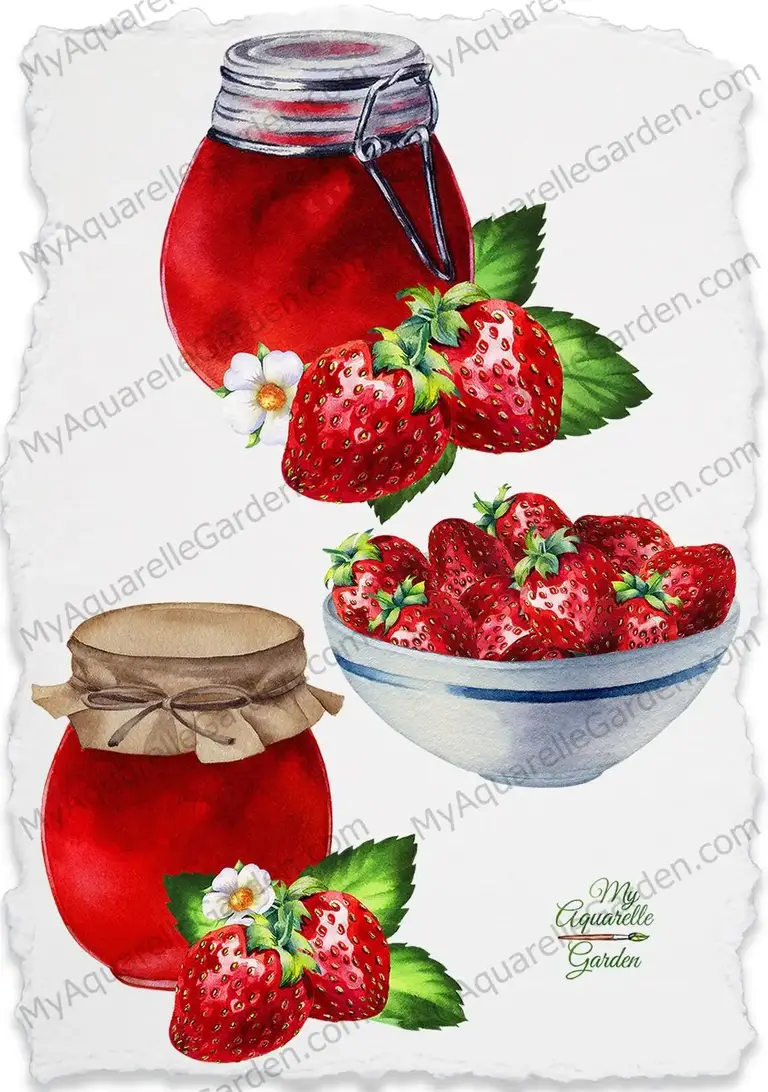 Strawberry jam in glass jar. Strawberries on plate. Watercolor clipart by MyAquarelleGarden