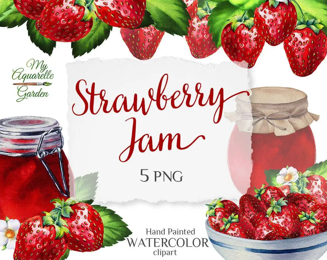 Strawberry jam in glass jar. Strawberries on plate. Watercolor clipart by MyAquarelleGarden. Cover.