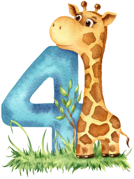 Cartoon giraffe. Number four. Watercolor clipart by MyAquarelleGarden.