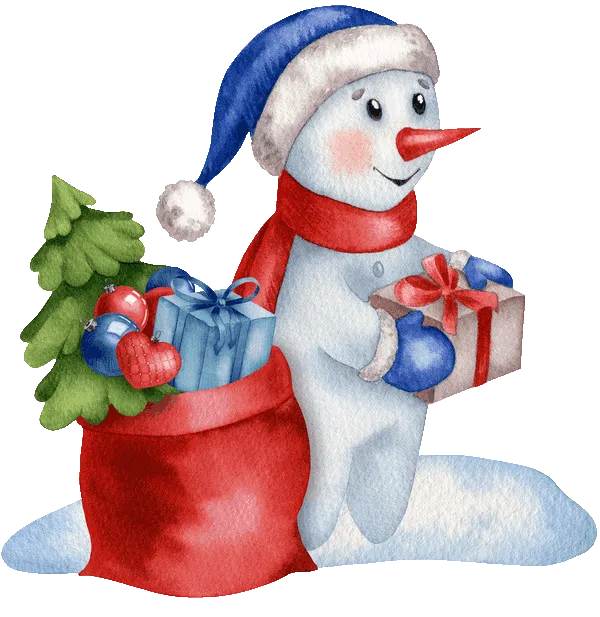 Christmas. Snowman, giftbox, Christmas Eve. Watercolor clipart by MyAquarelleGarden.