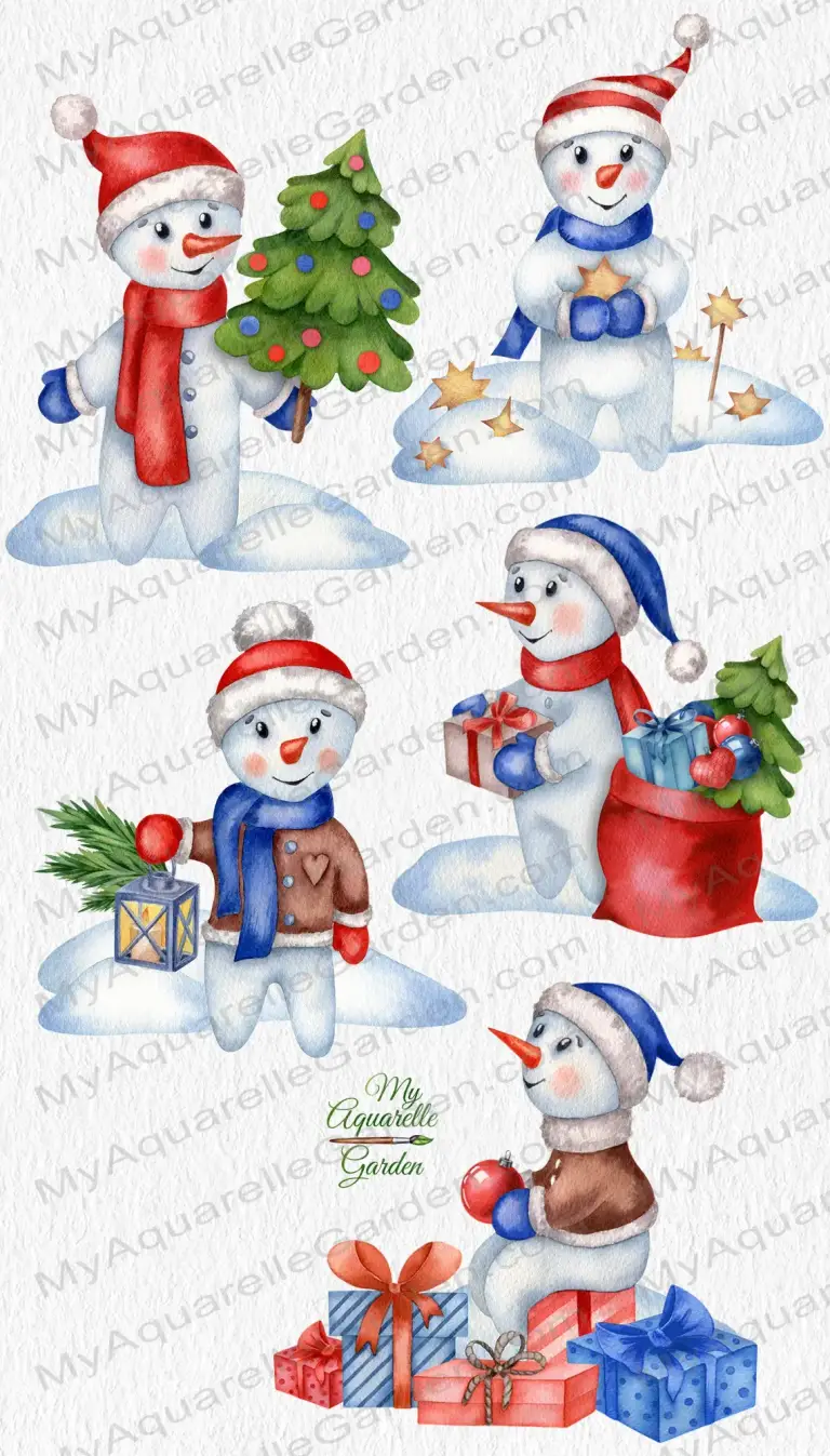 Сute funny snowmen. Сompositions with snowdrifts, gift boxes, Christmas trees, golden stars and a lantern. Watercolor hand-painted clipart.