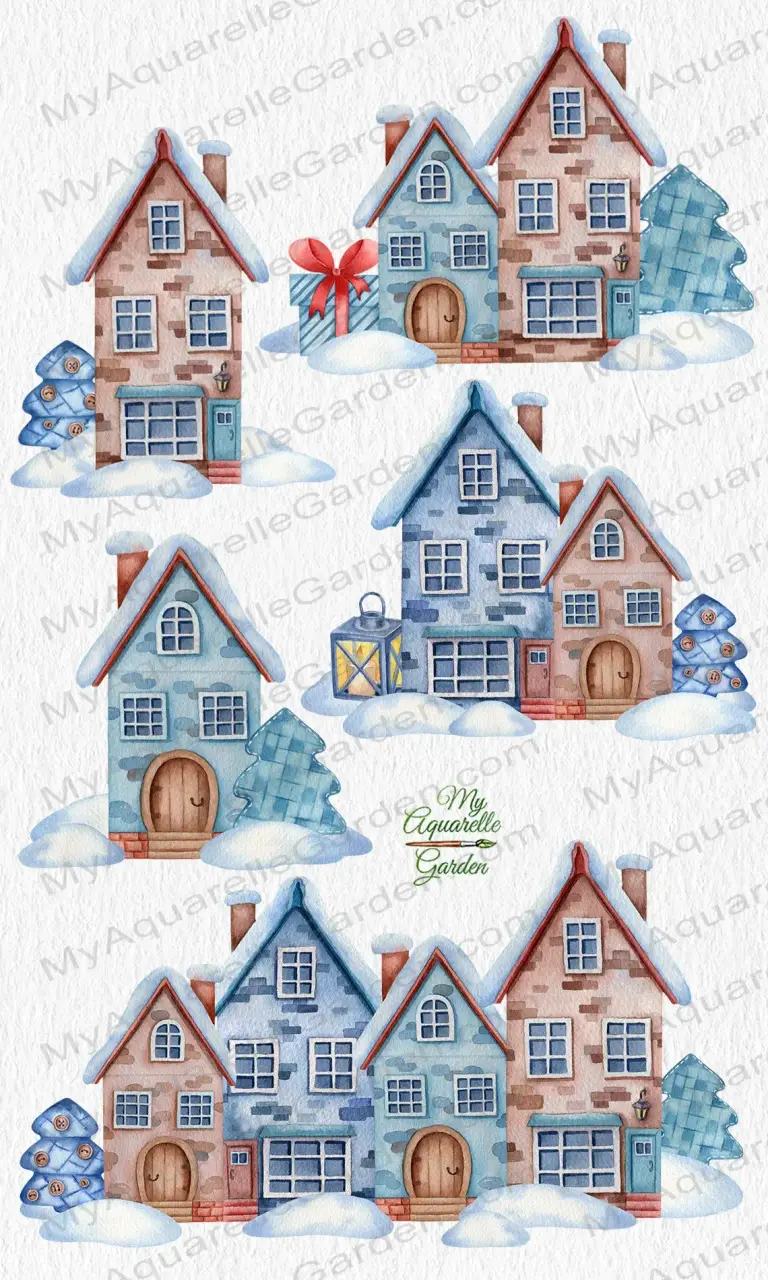 Christmas toy houses. Watercolor hand-painted clipart. 