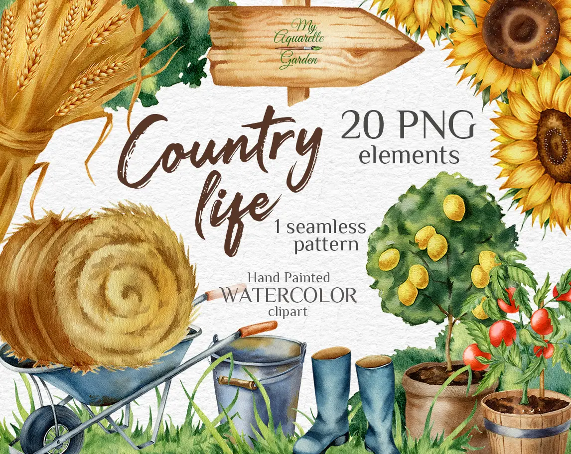 Country life collection. Watercolor hand-drawn clipart by MyAquarelleGarden. Cover.