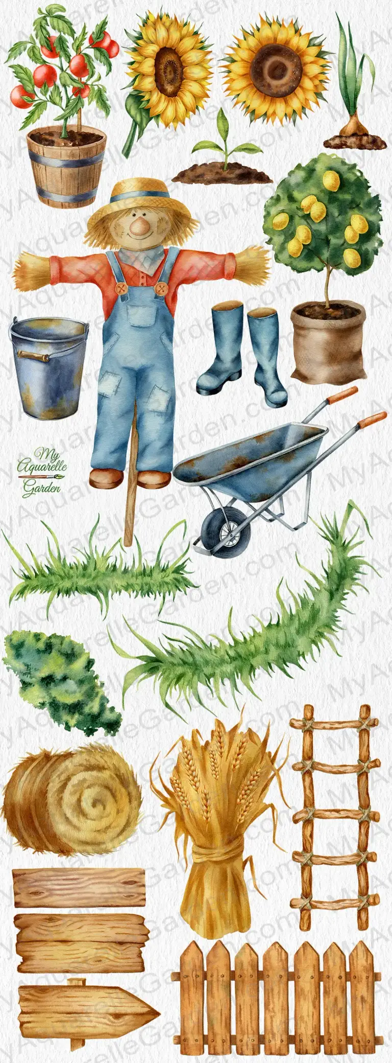 Watercolor clip art from the Farm collection: Scarecrow, bucket, rubber boots, watering can, wheelbarrow, bird robin, wooden fence, wooden road sign, grass, flowers, lemon tree, onion, sunflower, strawberries, and other items from the collection.  Digital watercolor clip art for personal or small commercial use.