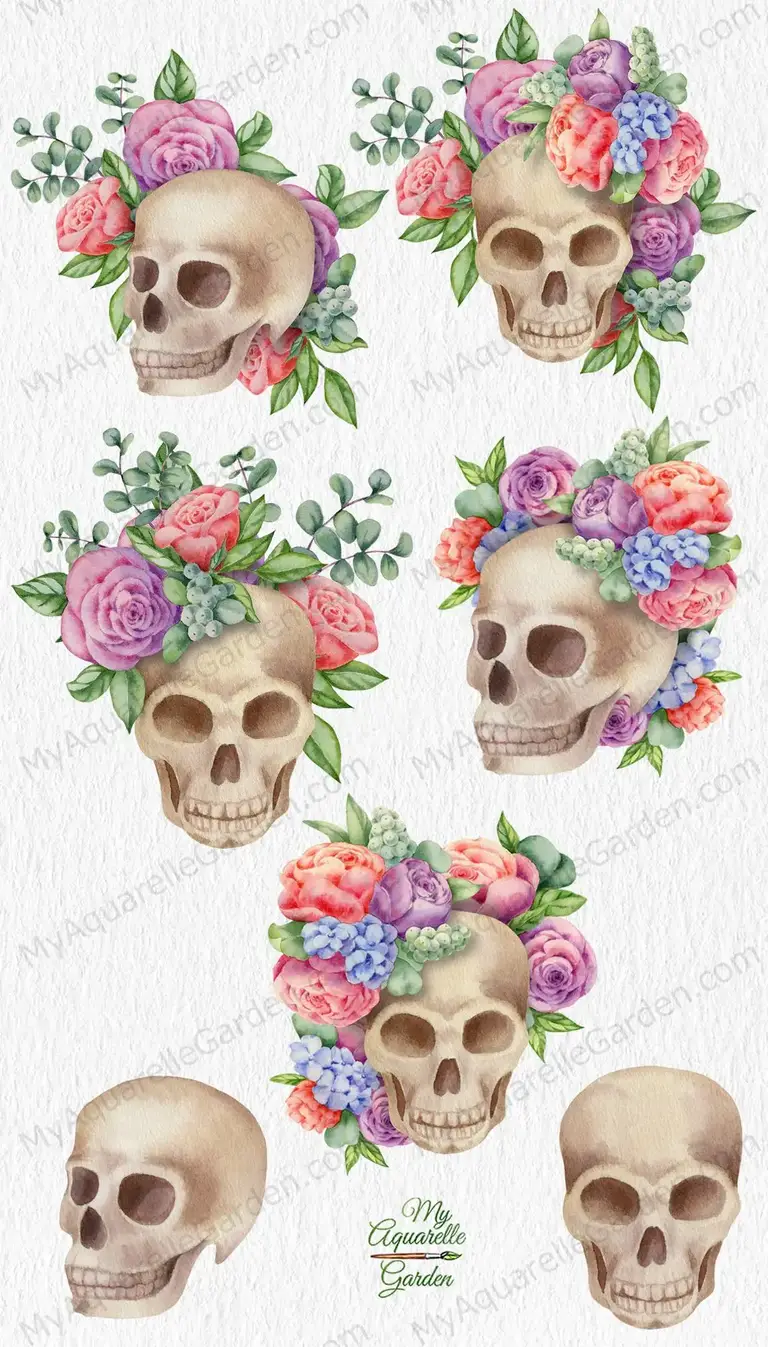 Skulls & roses. Watercolor hand-painted clipart.