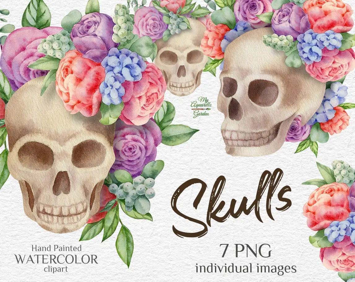 Skulls & roses. Watercolor hand-painted clipart by MyAquarelleGarden.