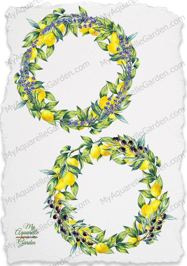 lemon-wreaths-flowers-olives-watercolor-clipart-myaquarellegarden-1