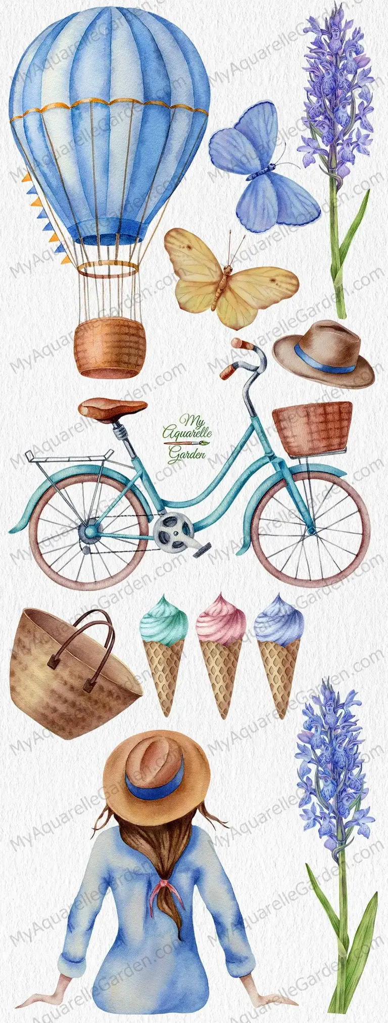 Summertime. Ice cream, flowers, butterflies, hot air balloon, bicycle, young lady in wide brimmed hat. Watercolor hand-painted illustrations.
