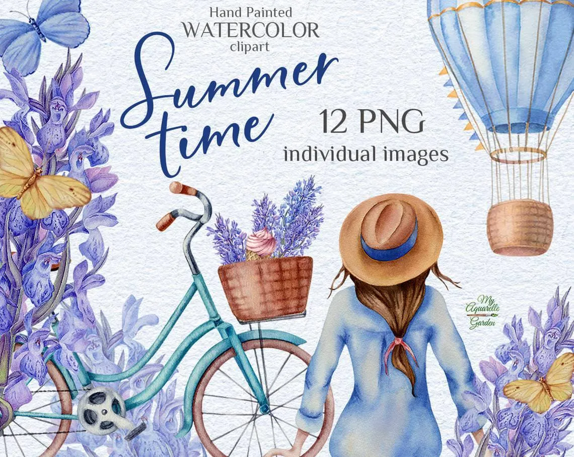 Summertime. Ice cream, flowers, butterflies, hot air balloon, bicycle, young lady in wide brimmed hat. Cover.