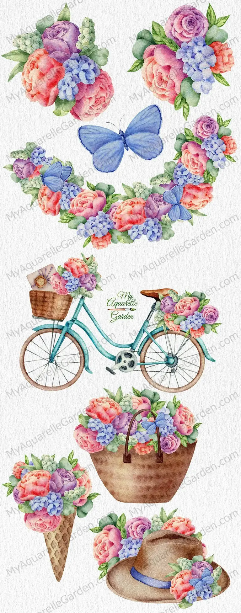 Summer roses & bicycle compositions. Watercolor hand-drawn clipart by MyAquarelleGarden.