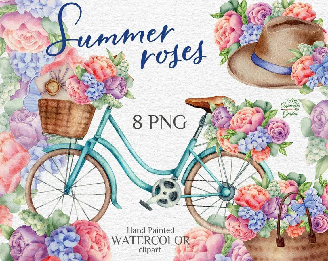 Summer roses & bicycle compositions. Watercolor hand-drawn clipart by MyAquarelleGarden.