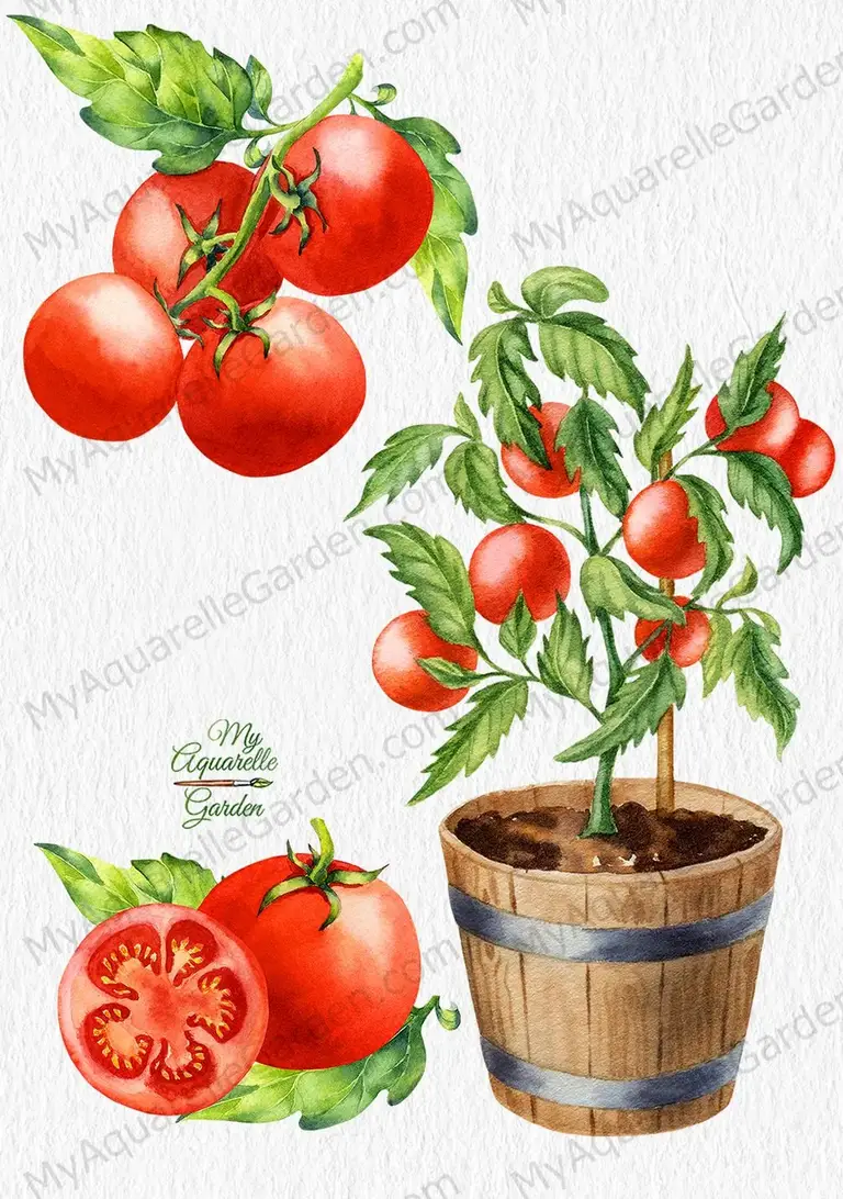 Tomatoes. Gardening. Wooden planter box. Watercolor hand-painted clipart by MyAquarelleGarden