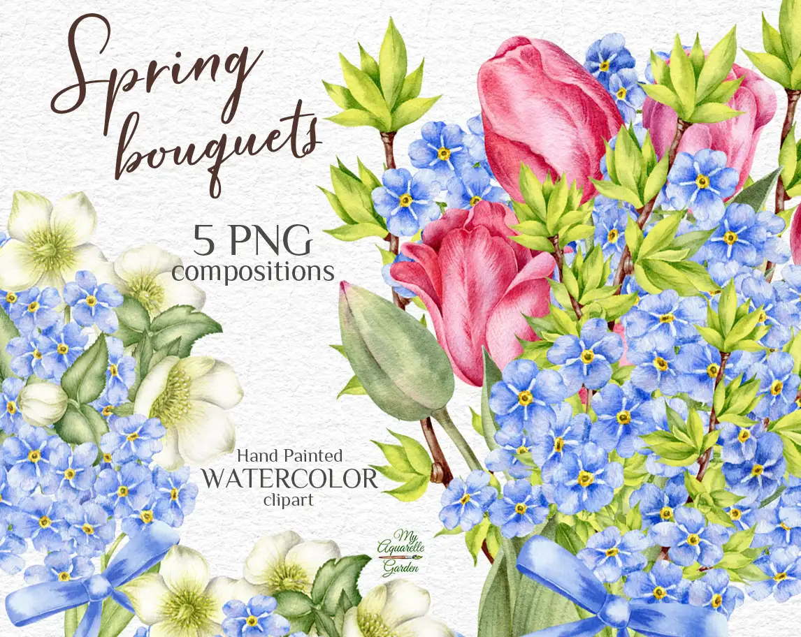 Tulips and forget-me-not. Spring flowers bouquet.Watercolor hand-painted clipart | MyAquarelleGarden