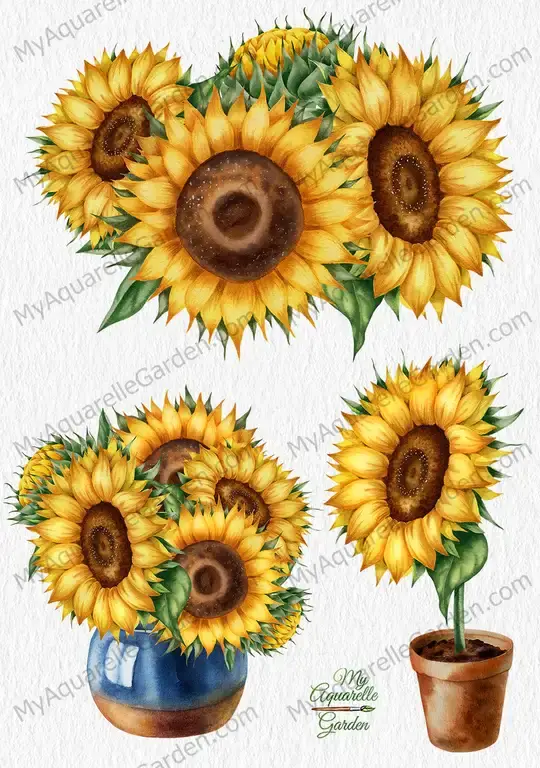 Sunflower bouquets. Clay pot, clay vase. Watercolor clipart.