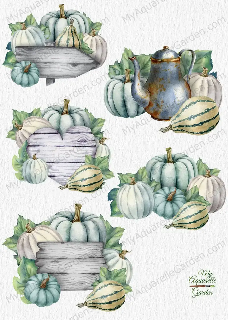 Green pumpkins compositions with teapot and wooden road-sign. Watercolor hand-painted clipart.