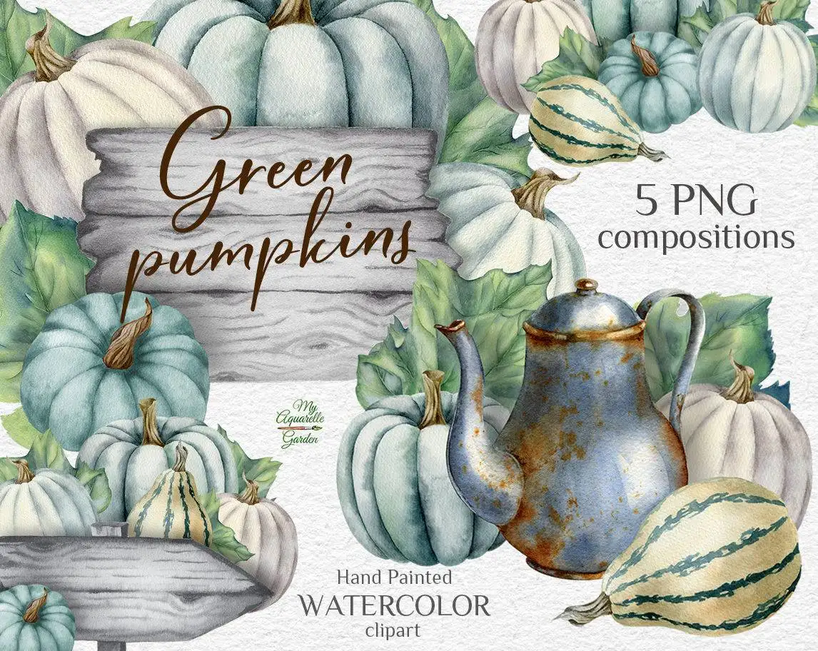 Green pumpkins compositions with teapot and wooden road-sign. Watercolor hand-painted clipart.