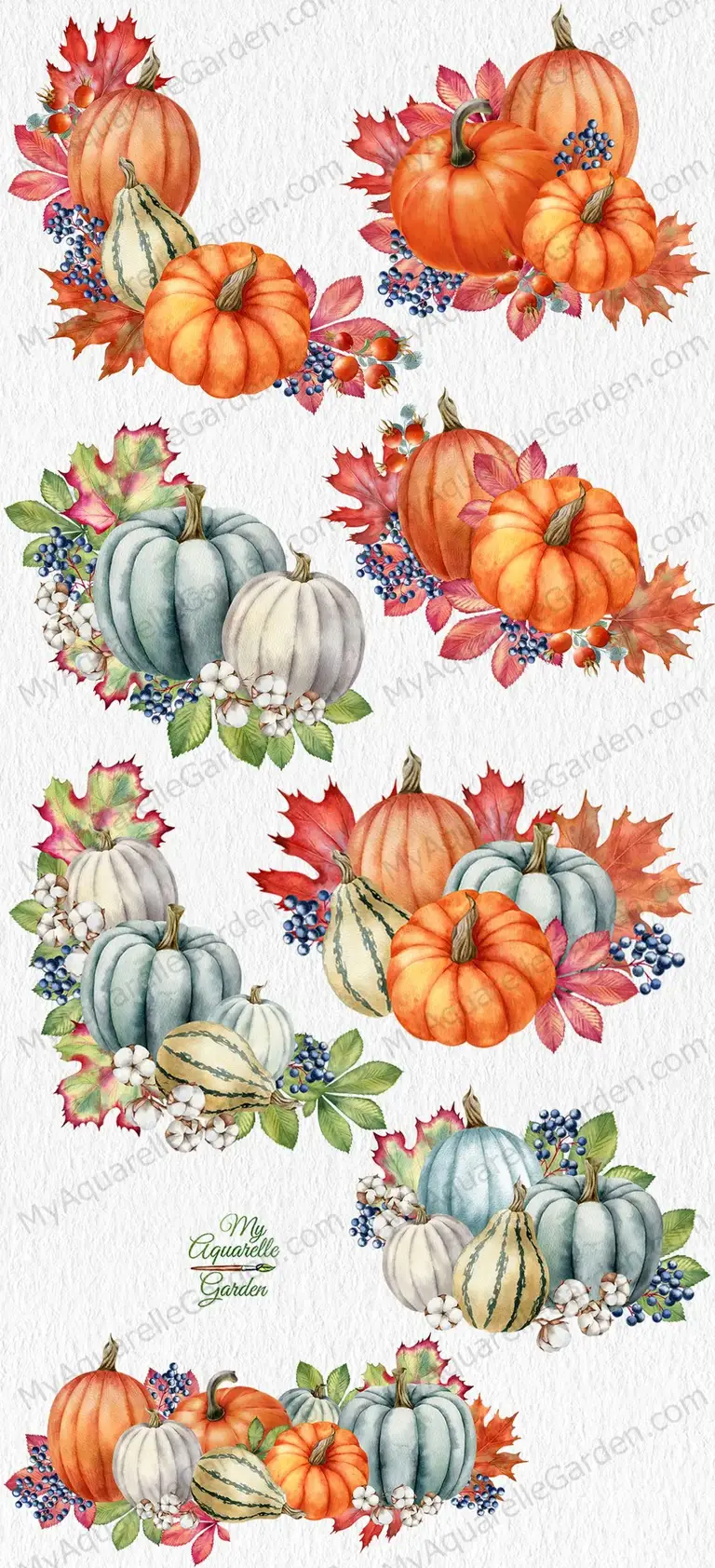 Pumpkins harvest. Compositions with autumn leaves and berries. Watercolor hand-painted clipart.