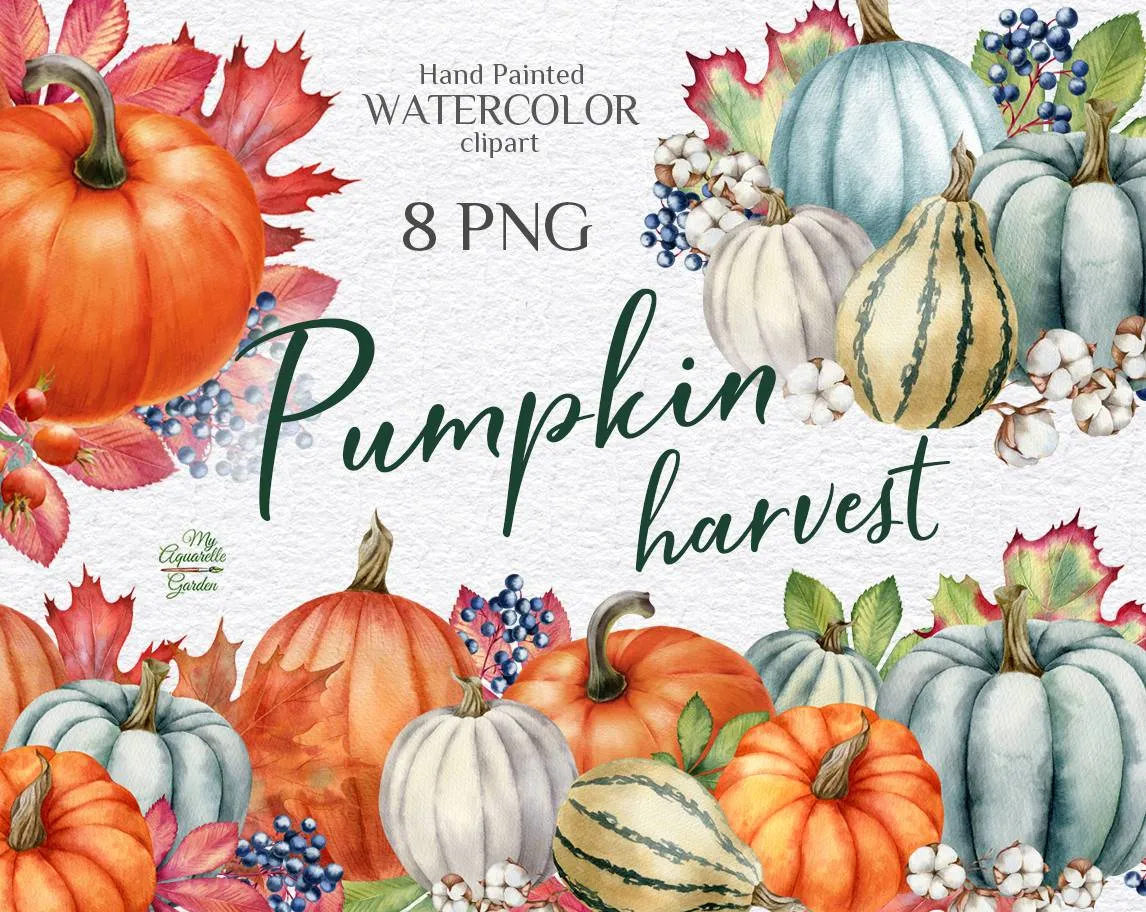 Pumpkins harvest. Compositions with autumn leaves and berries. Watercolor hand-painted clipart.