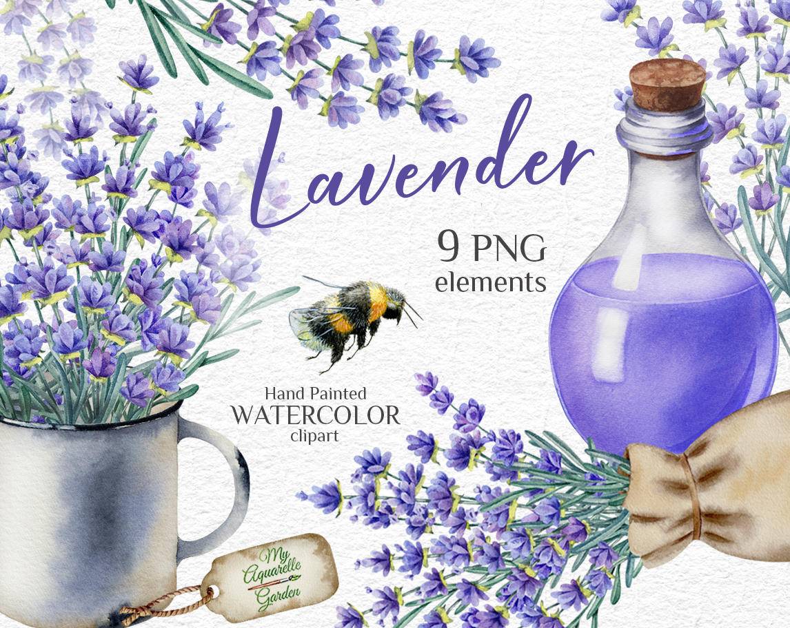 Lavender bouquets. Iron mug, bee, paper tag. Cover.