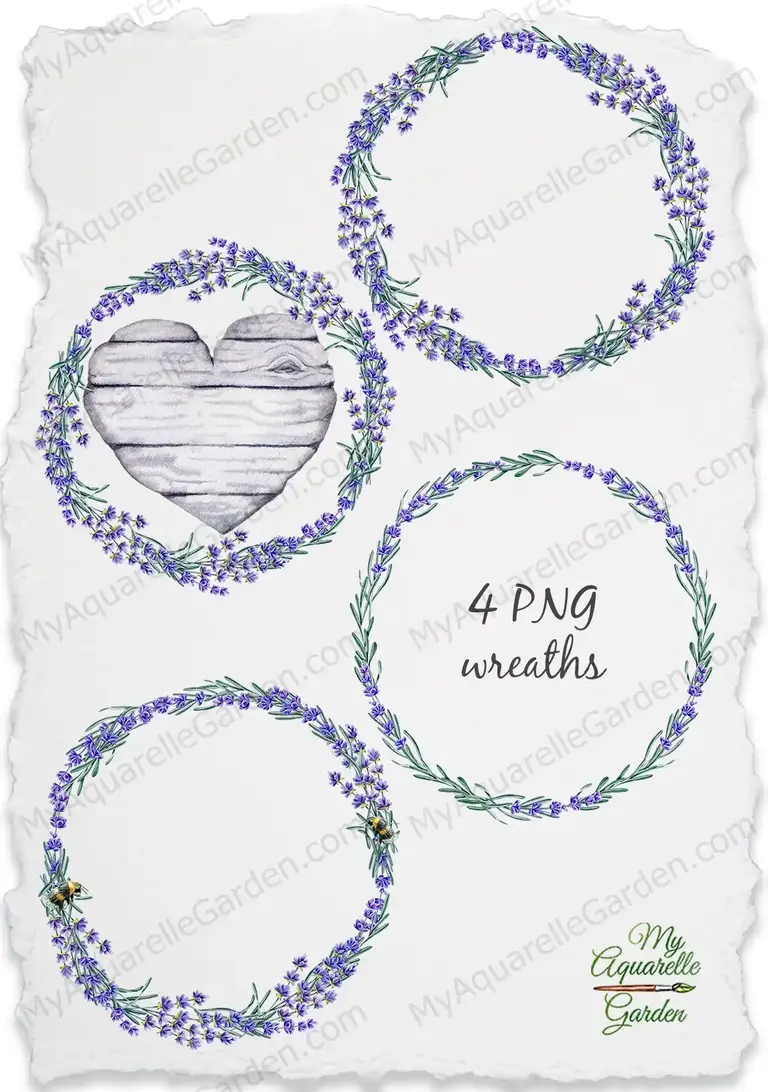 Lavender wreaths with bee and wooden heart. Watercolor hand-drawn clipart.