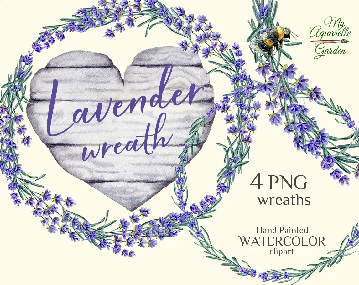Lavender wreaths with bee and wooden heart. Watercolor hand-painted clipart. Cover.