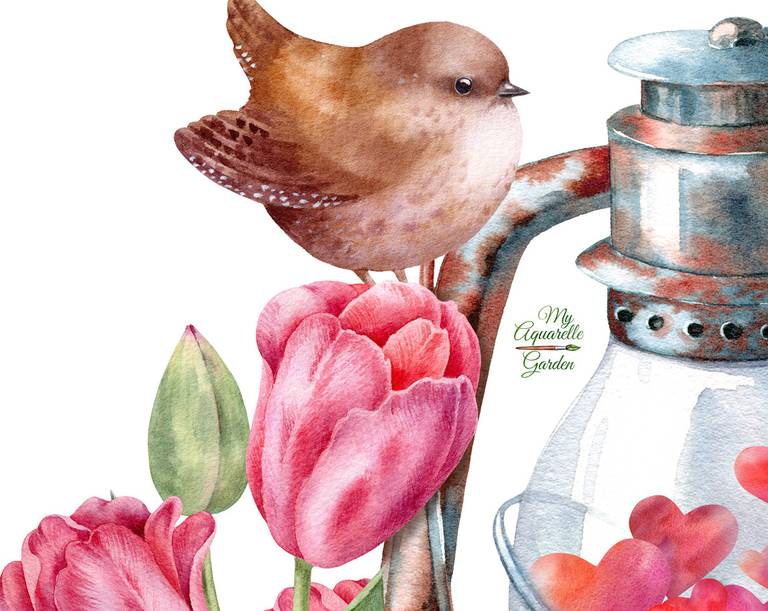 Love light. Pink tulips, old kerosene lamp, wren. Close-up.