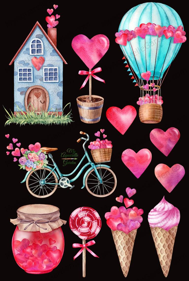 Sweet love. Valentines elements. Hearts, retro bicycle, hot air balloon, ice cream, lollipop.