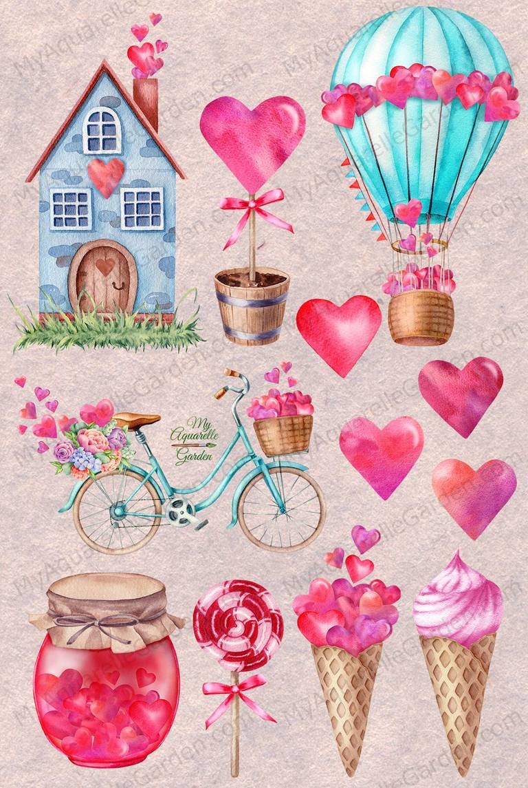 Sweet love. Valentines elements. Hearts, retro bicycle, hot air balloon, ice cream, lollipop.