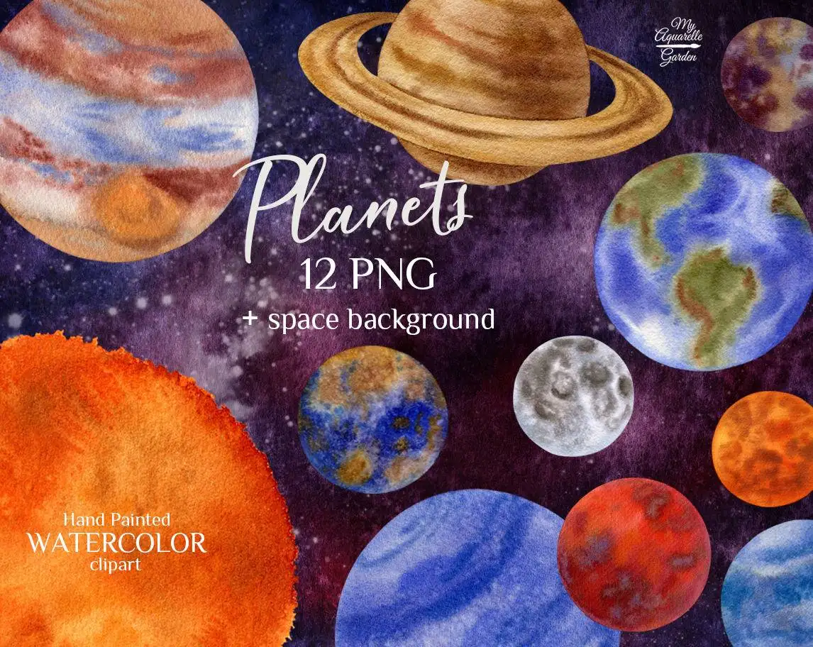 Solar system planets. Outer space. Watercolor clipart.