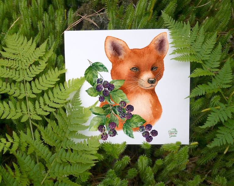 Fox and fox cub. Watercolor hand-painted clipart. Mockup.