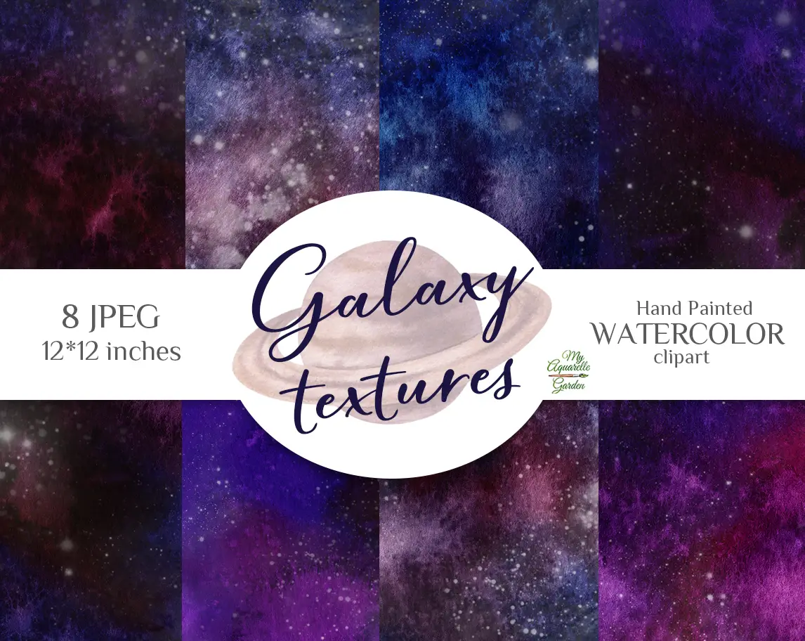 Outer space / galaxy textures. Digital papers. Watercolor hand-painted clipart.