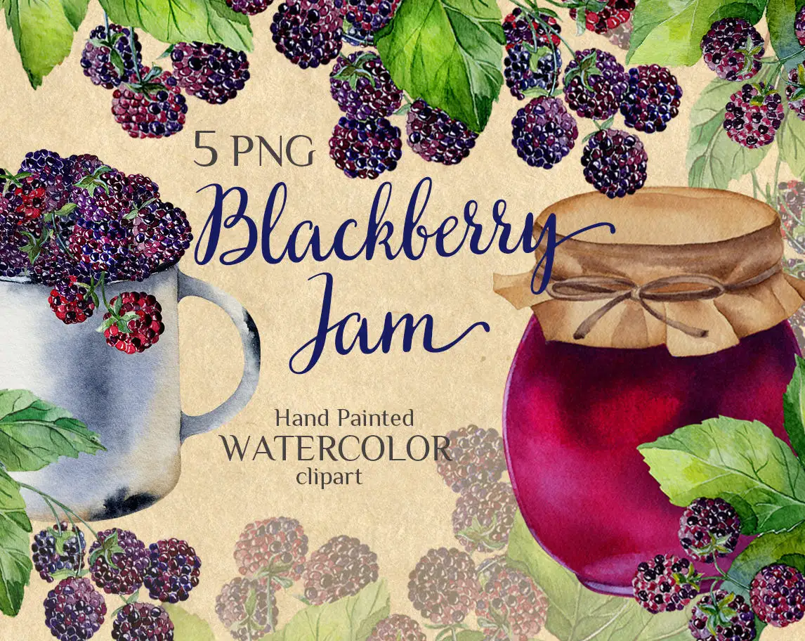 Blackberry sprigs, a jar of blackberry jam and a blackberry mug. Wooden heart. Watercolor hand-painted clipart. Cover.